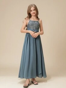 Tween Girl Wedding Party Flower Girl Elegant Sequin & Bead Embellished Chiffon Asymmetric Hem Long Dress, Birthday Party Pageant Gown