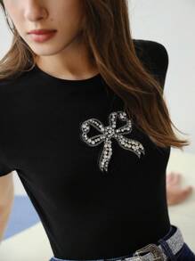 MOTF STUDIO RHINESTONE DETAIL BOW EMBROIDERY T-SHIRT,VALENTINE'S DAY,SPRING/SUMMER - Black - View 3