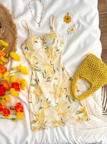 Girlism Tween Girl 黄色花卉印花度假风格优雅吊带迷你连衣裙，夏季服装 - 黃色 - 查看 2