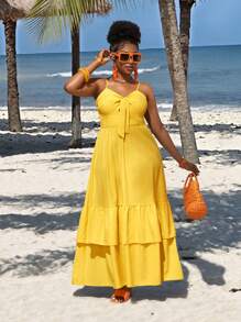 Slaydiva Plus Size Solid Color Spaghetti Strap Pleated Hem Casual Dress - Yellow - View 2