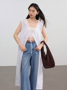 DAZY Linen Solid Color Minimalist Long Tunic, V-Neck With Drawstring, Casual Vacation Cardigan For Women Old Money Style - White - View 4
