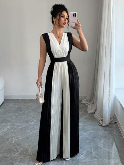 Elenzga Macaquinho Feminino com Decote em V Plissado, Cintura Marcada, Perna Larga, Casual Elegante, Roupa para Viagens e Uso no Dia a Dia