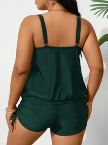 Swim Lushoire Summer Plus Size Solid Color Casual Sleeveless Ruched Simple Bikini Top - Dark Green - View 2