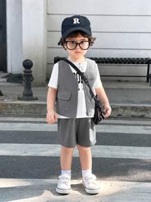 SHEIN 3 stuks/set babyjongen/meisje zomer casual letter grafische print ronde hals t-shirt, effen kleur vest, elastische taille zak sport shorts, geschikt voor casual straatkleding