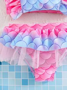 SHEIN Young Girl Knitted Swimwear Set, Ruffled Top And Shorts 2pcs - Pink - View 5