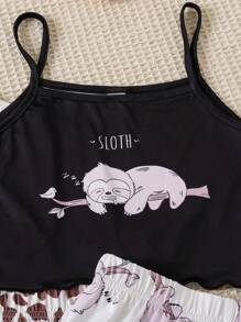 3pcs/Set Tween Girls Stylish Cartoon Animal Print Camisole And Shorts Pajama Set - Multicolor - View 5