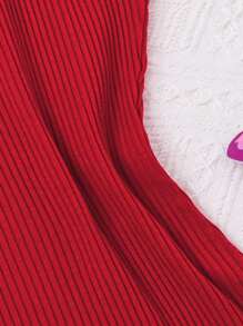 SHEIN Leap Crew 2 Pieces Set, Knitted Solid Ribbed Sleeveless Dress For Teen Girls - Red - View 4