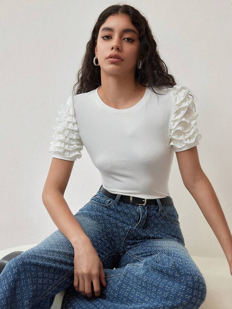 MOTF STUDIO FRILL TRIM SLIM FIT T-SHIRT