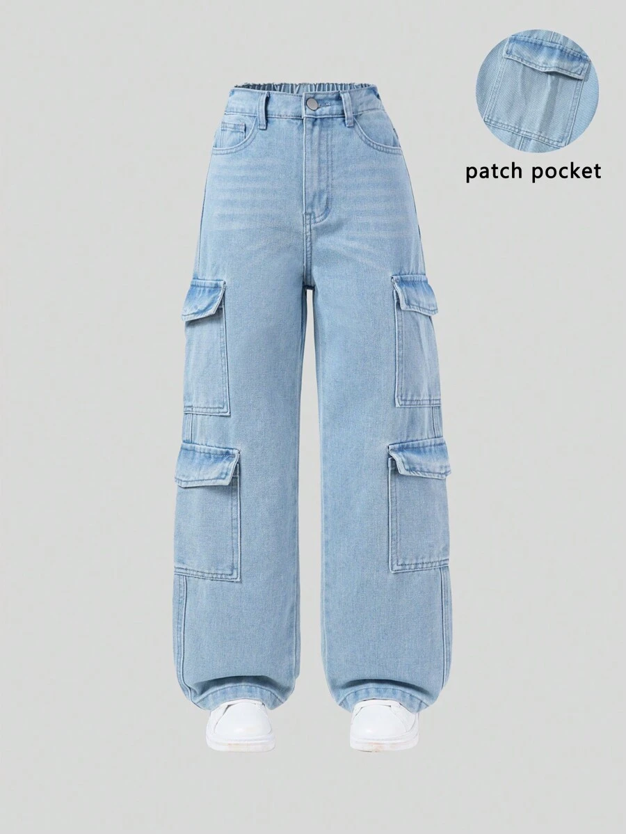 SHEIN Sparklyn Tween 女童 Y2K 休闲街头风格多口袋浅色洗水蓝色工装牛仔裤 - 中等水洗藍 - 查看 1