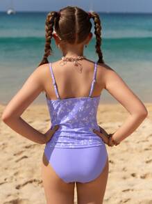 SHEIN Tween Girl Ditsy Floral Ruffle 吊带比基尼泳装，随机印花