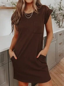 INAWLY Women's Simple Solid Color Short Casual Dress, Daily Wear - Coffee - View 2