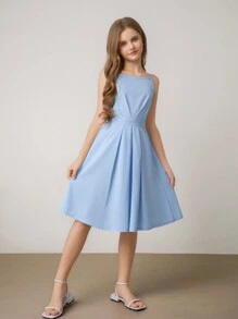 青少年女孩无袖束腰纯色连衣裙，配有同色腰带，优雅简约时尚，夏季 - 藍色 - 查看 1