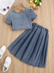 SHEIN Tween Girl Light Wash Casual Elegant Short Sleeve Denim Blouse With Sleeve Splicing Design & Pink Velvet Bow Decor, And Elastic Waist Pleated Long Denim Skirt Outfit, Simple Fashion Versatile Design For Daily Wear - Light Wash - View 2