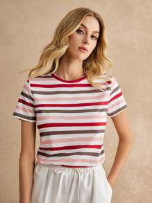 Poéselle 女士圆领短袖条纹休闲针织 T 恤