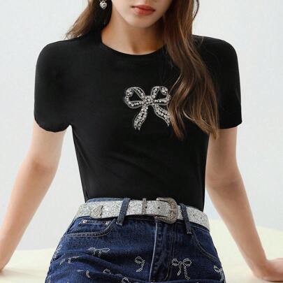 라인스톤 디테일 리본 자수 티셔츠, 발렌타인데이