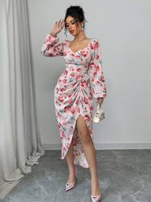 Elenzga Women's Elegant Romantic Floral Lantern Sleeve Cinched Waist Blouson Dress, Suitable For Valentine's Day Fall Cloth For Women