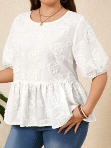 Plus Size Boho Women Floral Jacquard Short Puff Sleeve Ruffle Hem Blouse,Summer For Women,Vacation - Beige - View 4