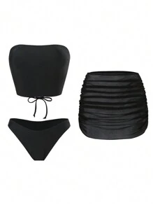 Swim SXY Damska letnia jednokolorowa spódnica mini z ramiączkami spaghetti, krzyżująca się na plecach, z siateczki z falbanką, 3-częściowy zestaw bikini