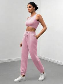 Glyssa 女士純色帽兜外套和束口長褲套裝 - 粉色 - 查看 7