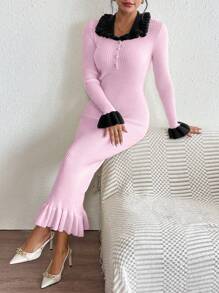 Chiquease Women's Peter Pan Collar Ruffle Sleeve Elegant Sweater Dress Fall Cloth For Women - Pink - View 3