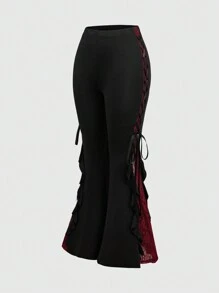 ROMWE Goth Pantalones acampanados de talla grande para mujeres con diseño a bloques de color, encaje y lazo en estilo punk oscuro - Negro - Ver 1