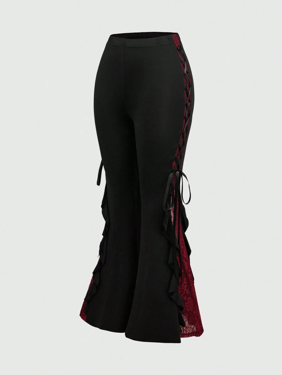 ROMWE Goth Pantalones acampanados de talla grande para mujeres con diseño a bloques de color, encaje y lazo en estilo punk oscuro - Negro - Ver 1