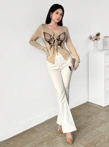 Modelyn 女士前系带长袖蝴蝶印花简约休闲上衣，日常穿着 - 卡其色 - 查看 6