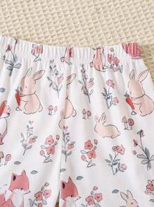 Young Girl' Cute Fox & Rabbit Floral Print Short Sleeve T-Shirt & Shorts 2pcs Loungewear Set - Multicolor - View 5