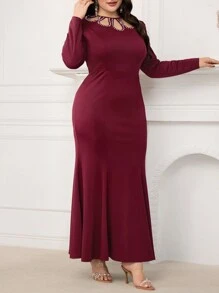 Modelyn Plus Size Elegant Solid Color Hollow Out Rhinestone Decor Fishtail Dress - Burgundy - View 5