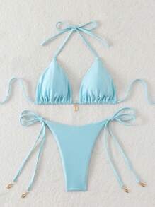 SHEIN Swim Costume da bagno bikini da donna con laccio alla nuca e colori tinta unita, sexy - celeste - Visualizzare 3
