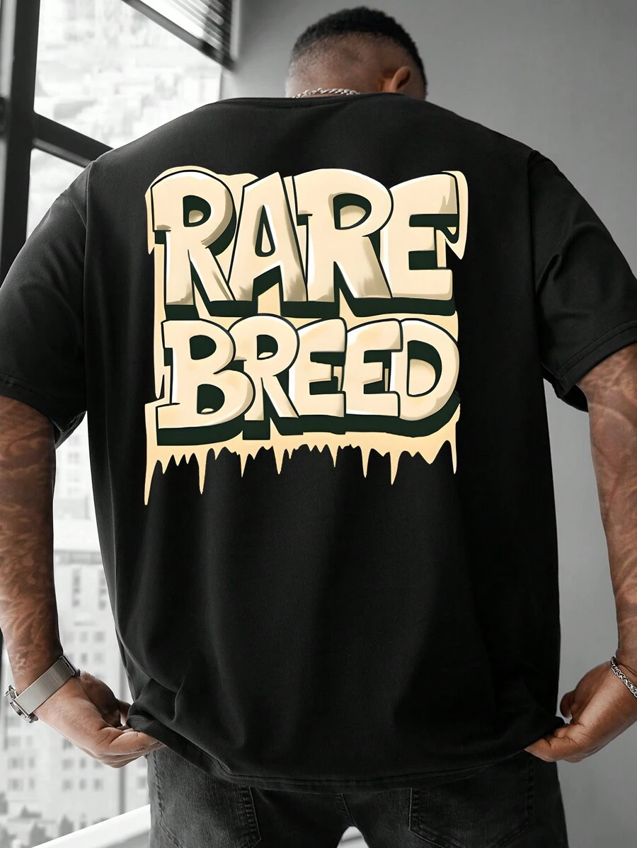 Manfinity Homme 大码男士字母印花圆领短袖休闲 T 恤 - 黑色 - 查看 1