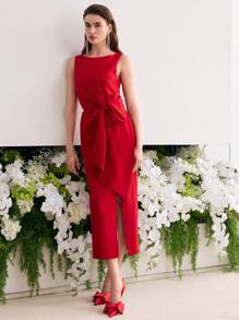 MOTF Soiréza 蝴蝶结装饰大腿开衩连衣裙 - 紅色 - 查看 4