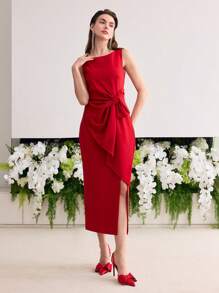 MOTF Soiréza 蝴蝶结装饰大腿开衩连衣裙 - 紅色 - 查看 6