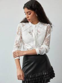 MOTF STUDIO CONTRAST LACE BUTTON UP SHIRT - White - View 4