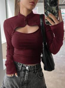 DAZY Stand Collar Hollow Splice Bodycon Long Sleeve Blouse For Women,Fall Clothes,Back To School Clothes - Burgundy - View 4