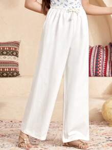 SHEIN Teen Girls' Casual Vacation White Comfortable Woven Cotton Twill Drawstring Waist Wide Leg Pants