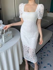 DAZY 女士蕾丝方领泡泡袖开衩中长连衣裙舞会礼服优雅太阳裙，婚礼礼服 - 白色 - 查看 4