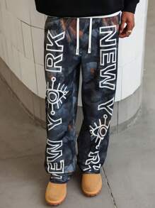 Manfinity Streetrush Manfinity Streetrush Men's Branch & Letter Print Drawstring Waist Casual Pants,Camo Pants
