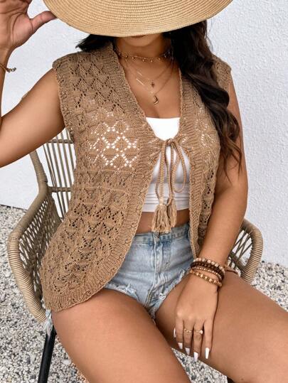 SHEIN Frenchy 大码女式纯色镂空流苏前系带毛衣背心