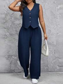 SHEIN Frenchy Conjunto de 2 piezas talla grande con chaleco y pantalón casual