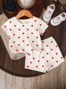 Baby Girl Heart Print Round Neck Short Sleeve T-Shirt And Shorts Knit Set, Suitable For Valentine's Day - Multicolor - View 7