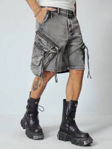ROMWE MEN Grunge Punk 男士 Street Cargo 复古水洗大口袋牛仔短裤 - 灰色 - 查看 2
