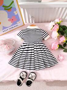 SHEIN Baby Girl Spring&Summer Preppy Short Sleeves ,Half Open Collar ,Interlocking Dress - Apricot - View 2