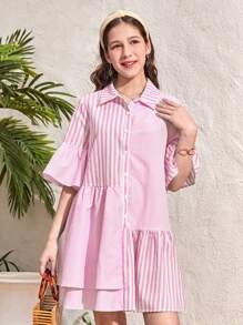 SHEIN 少女条纹拼布不对称荷叶边领休闲编织连衣裙，粉色和白色 - 粉色 - 查看 3