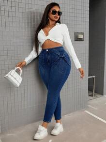 Slaydiva Plus Size Women Stretchy Blue Denim Skinny Pants With Stylish Bow Decor On Sides - Blue - View 5