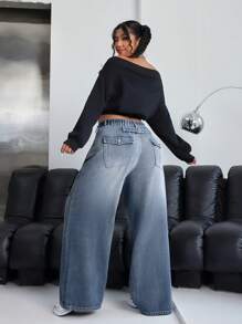 SHEIN EZwear Jeans de pierna ancha con lavado degradado de talla grande, informal - Gris Claro - Ver 1