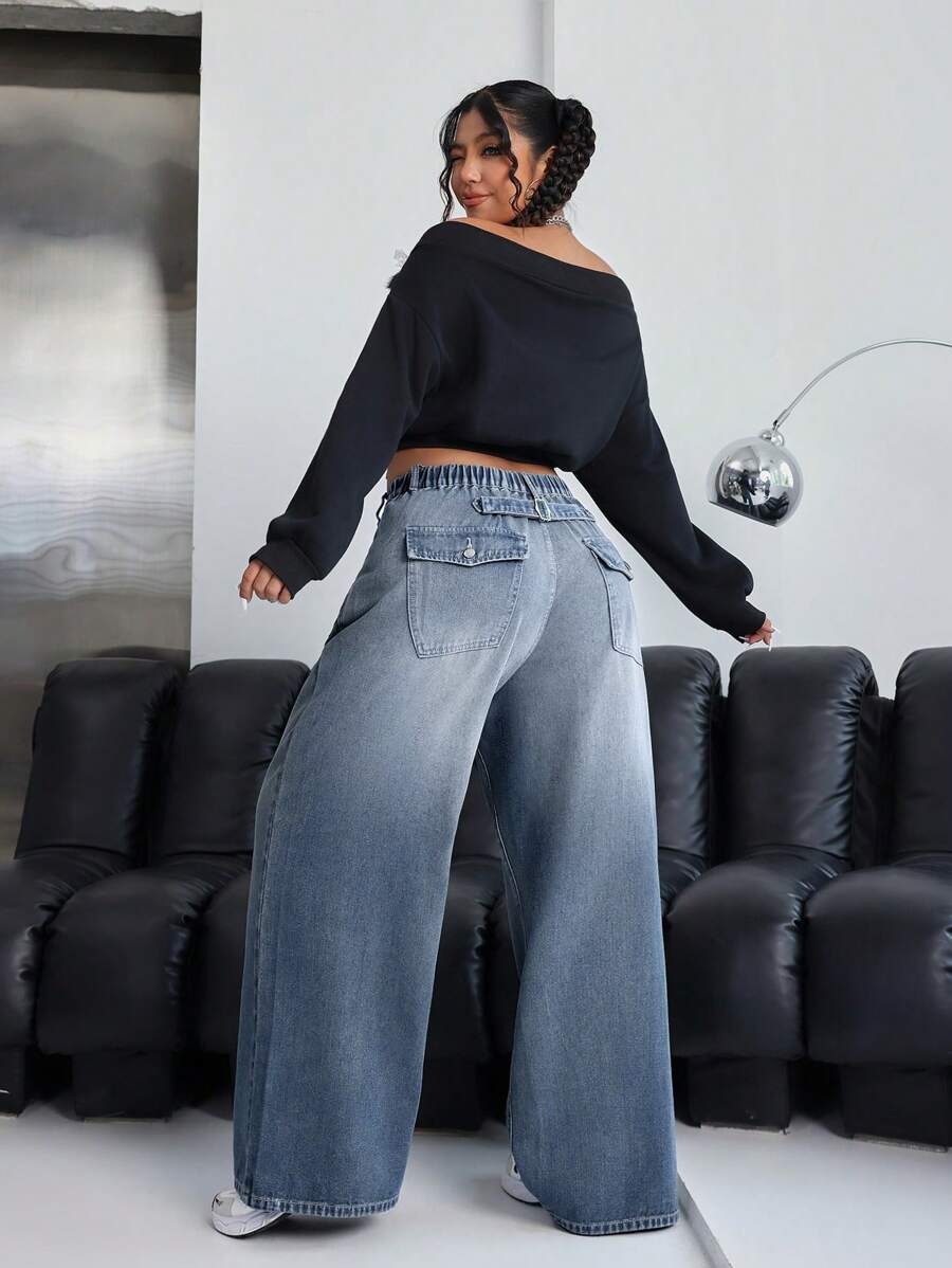 SHEIN EZwear Jeans de pierna ancha con lavado degradado de talla grande, informal - Gris Claro - Ver 1