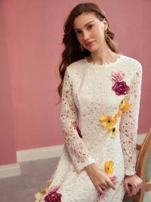 MOTF PREMIUM VESTIDO MIDI DE ENCAJE CON PARCHES FLORALES HECHO A MANO - Blanco - Ver 4