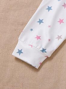 Tween Girls Star Print White Base 2 Pieces Casual Comfortable Pajama Set, Long Sleeve Top And Pants