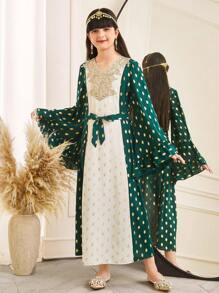 SHEIN Tween Girls Loose Casual Glittering Polka Dot Patchwork Ruffle Hem Color Blocked Dress - Green - View 4